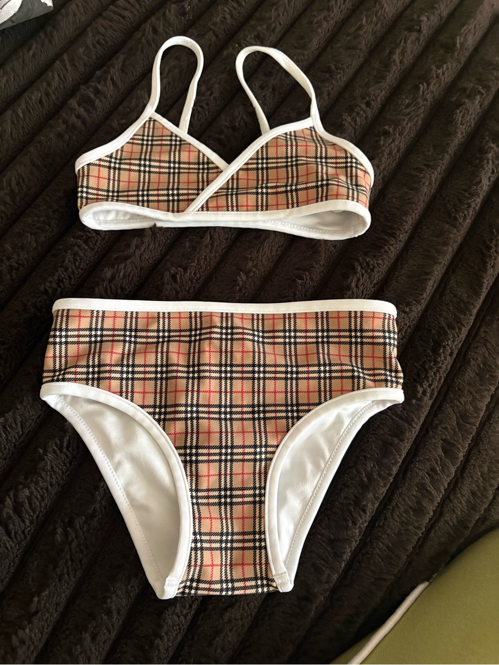 Burberry Tan Plaid Girls Two-Piece Swim Bikini with White Trim